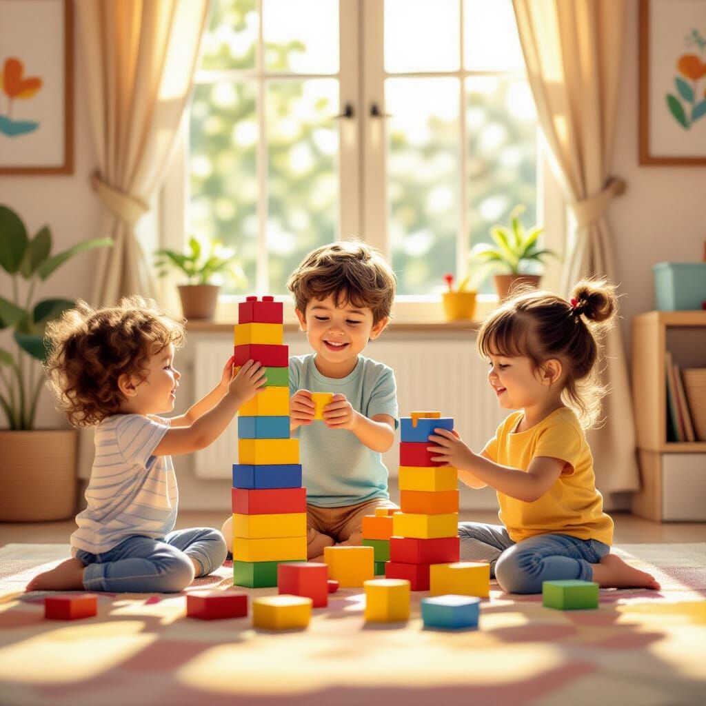 Children Building Tall Block Towers in Playroom
