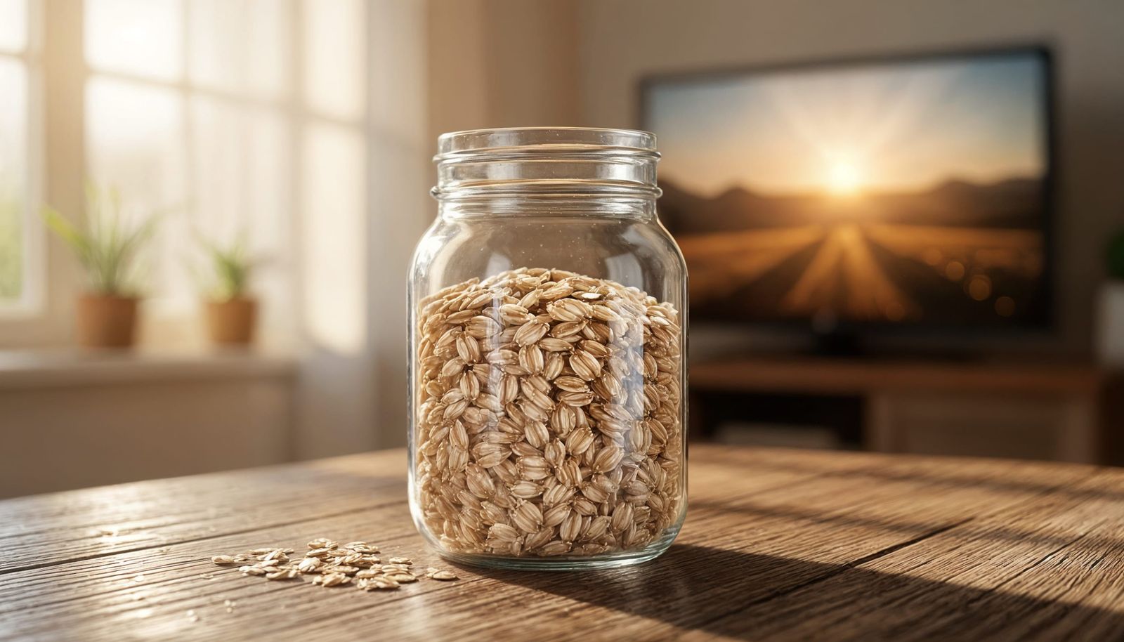 Hyperrealistic Oats in Jar on Rustic Table