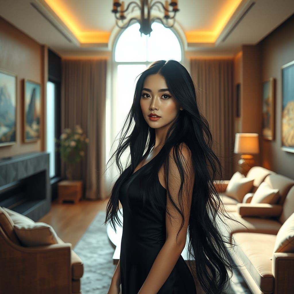 Elegant Chinese Woman in Sunlit Living Room