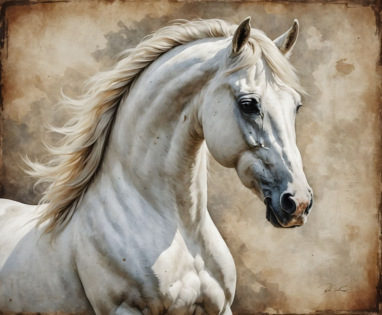 Majestic Wild White Stallion in Vintage Realism