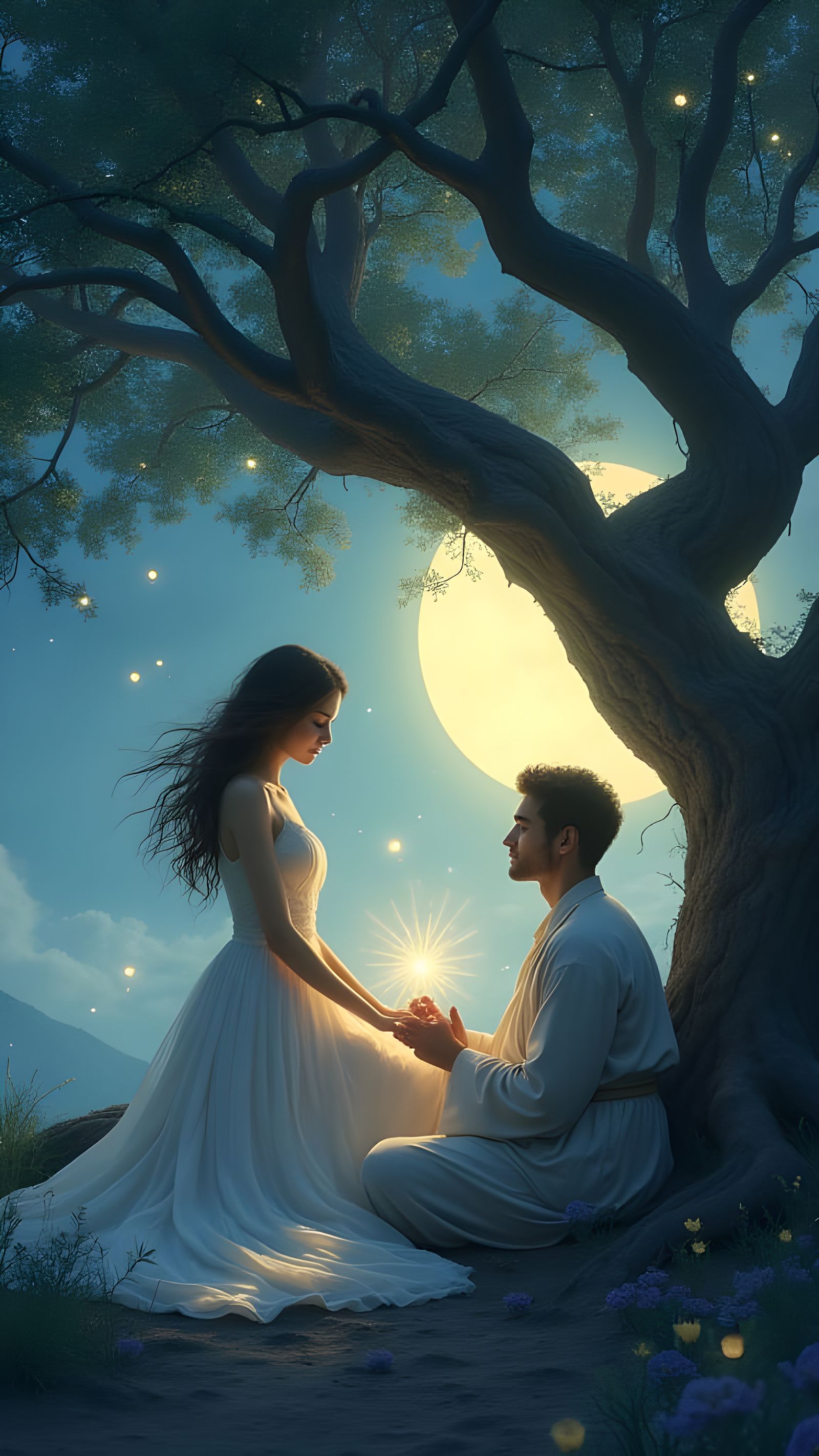Ethereal Figures Connect Under Moonlit Tree