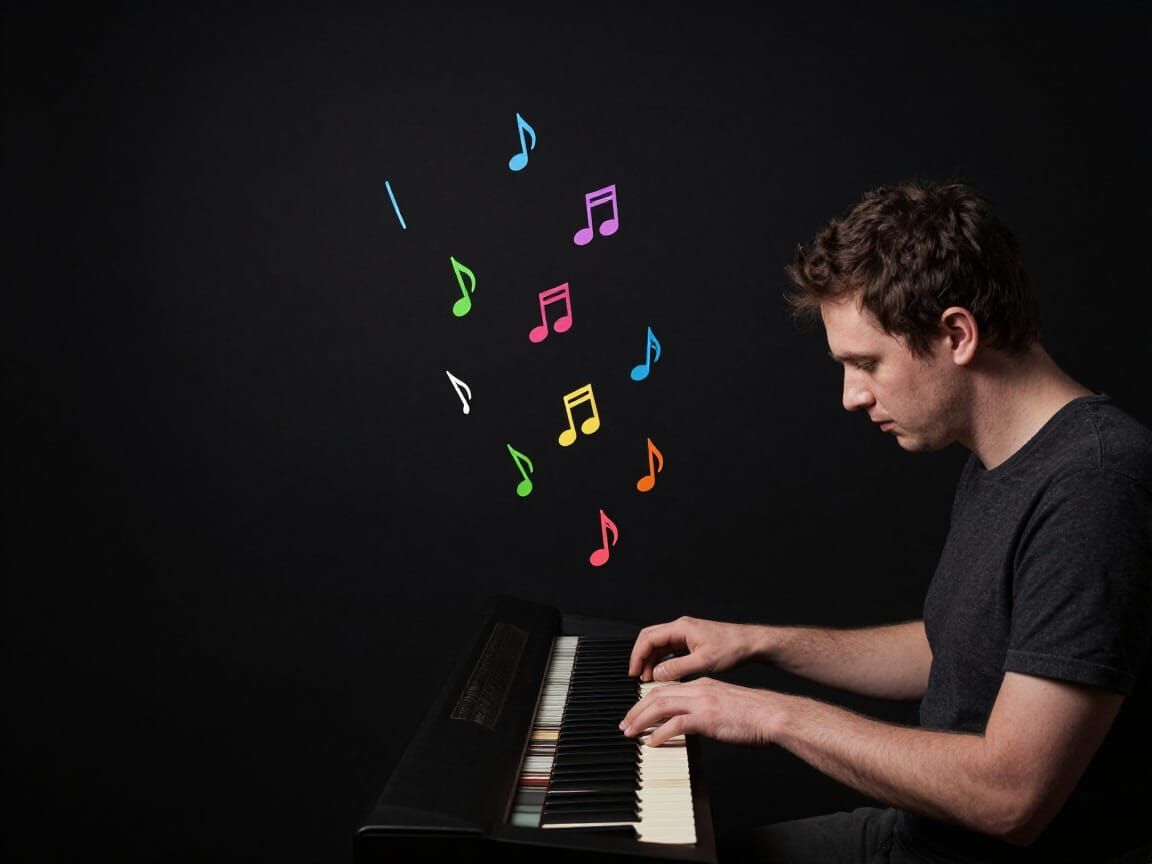 Man Writes Music in Dark Room, Colorful Notes Emerge