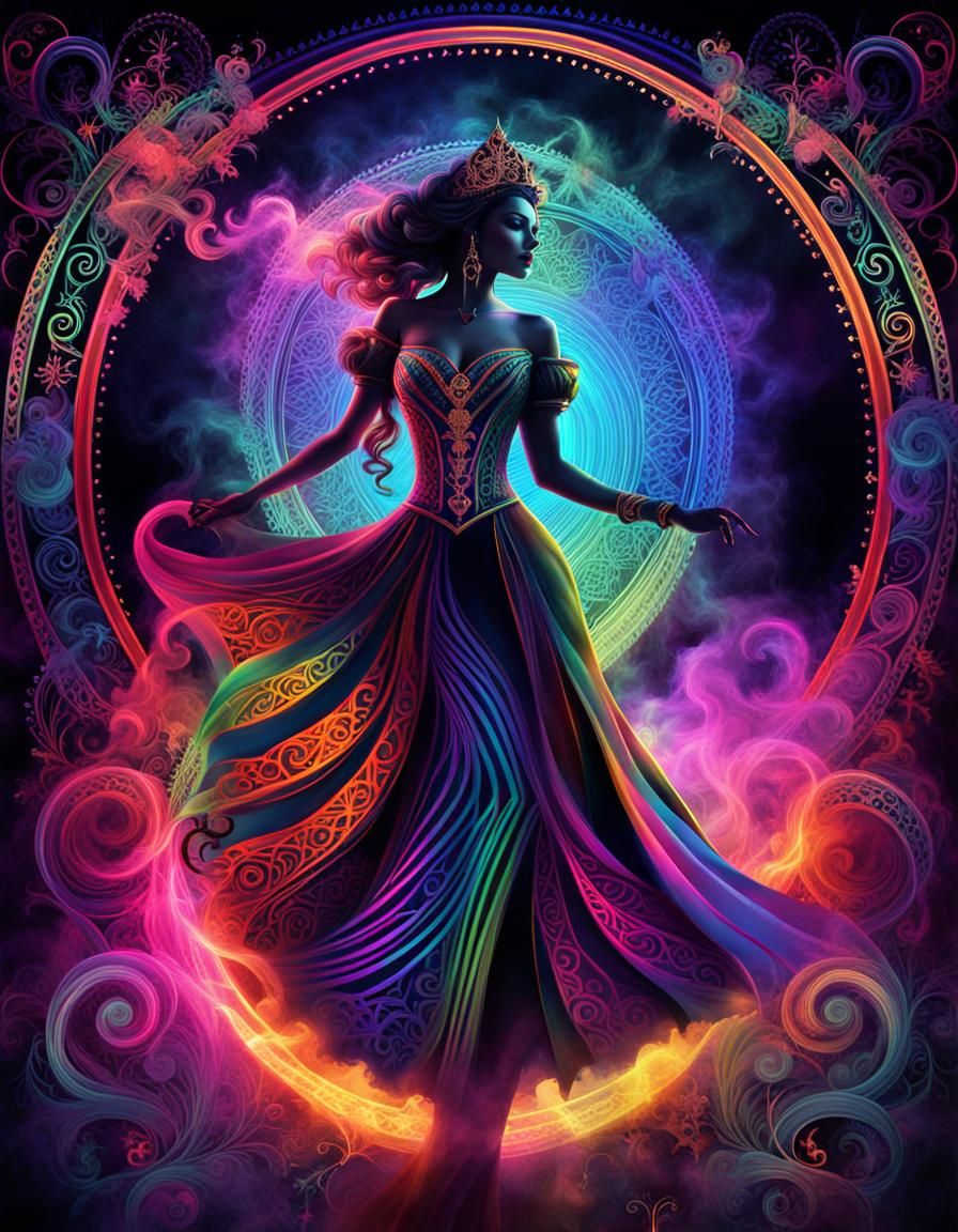 Gothic Woman Dancing with Smoke in Neon Colors