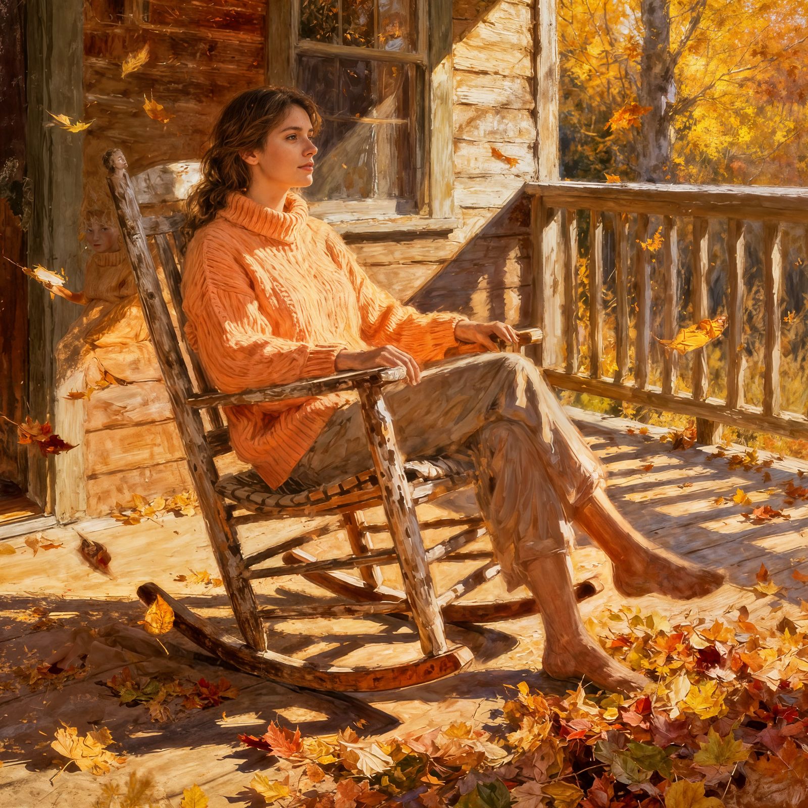 Woman in Orange Sweater on Autumn Cabin Porch