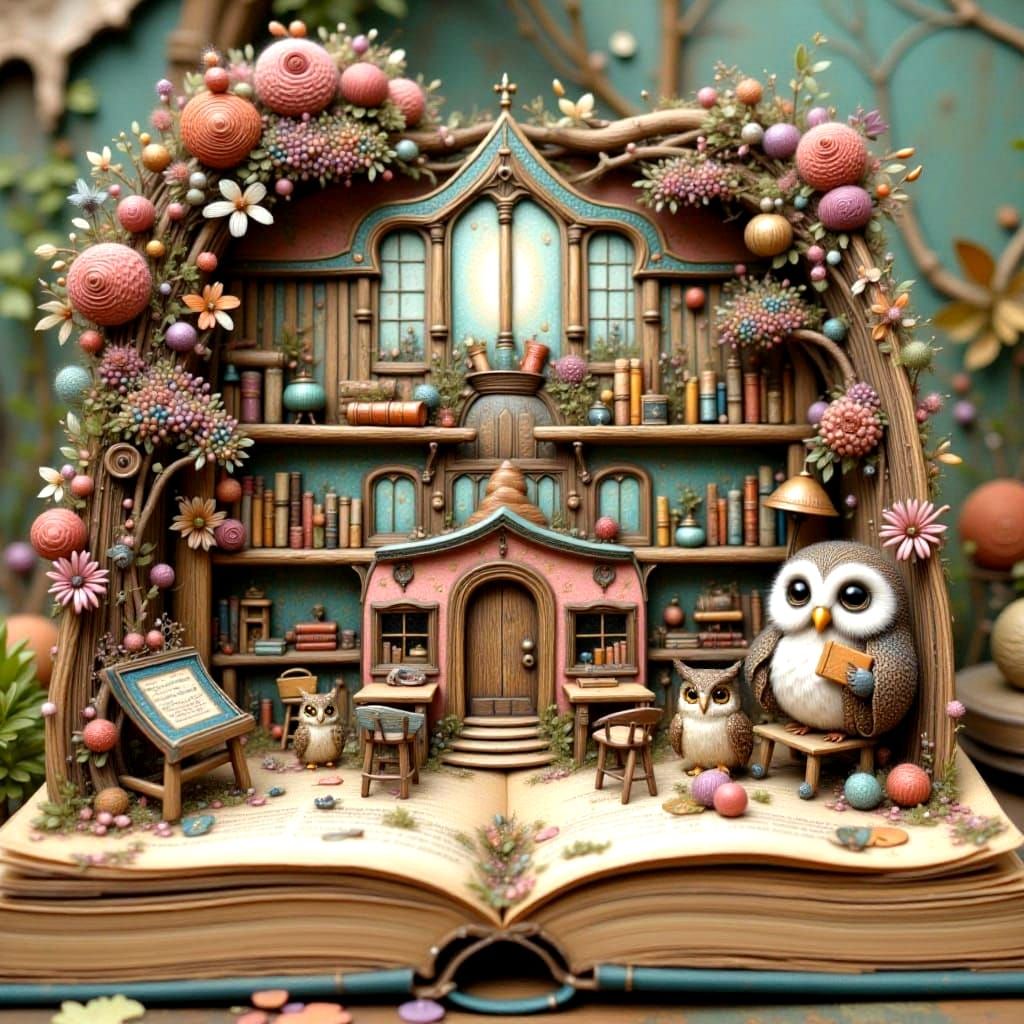 Miniature Schoolhouse in Dusty Book, Whimsical Scene