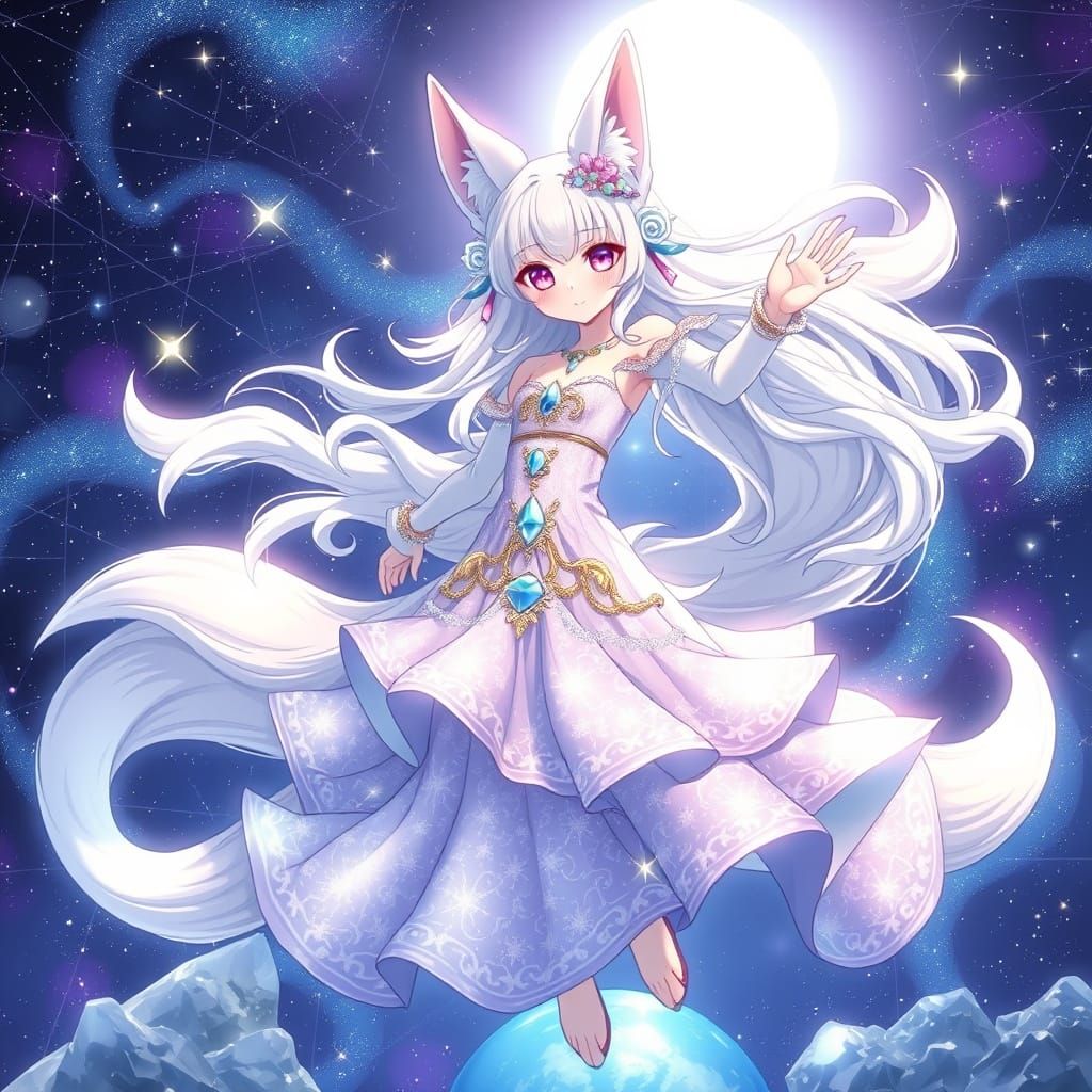 Celestial Fox Girl Dancing Among Constellations, Anime Style