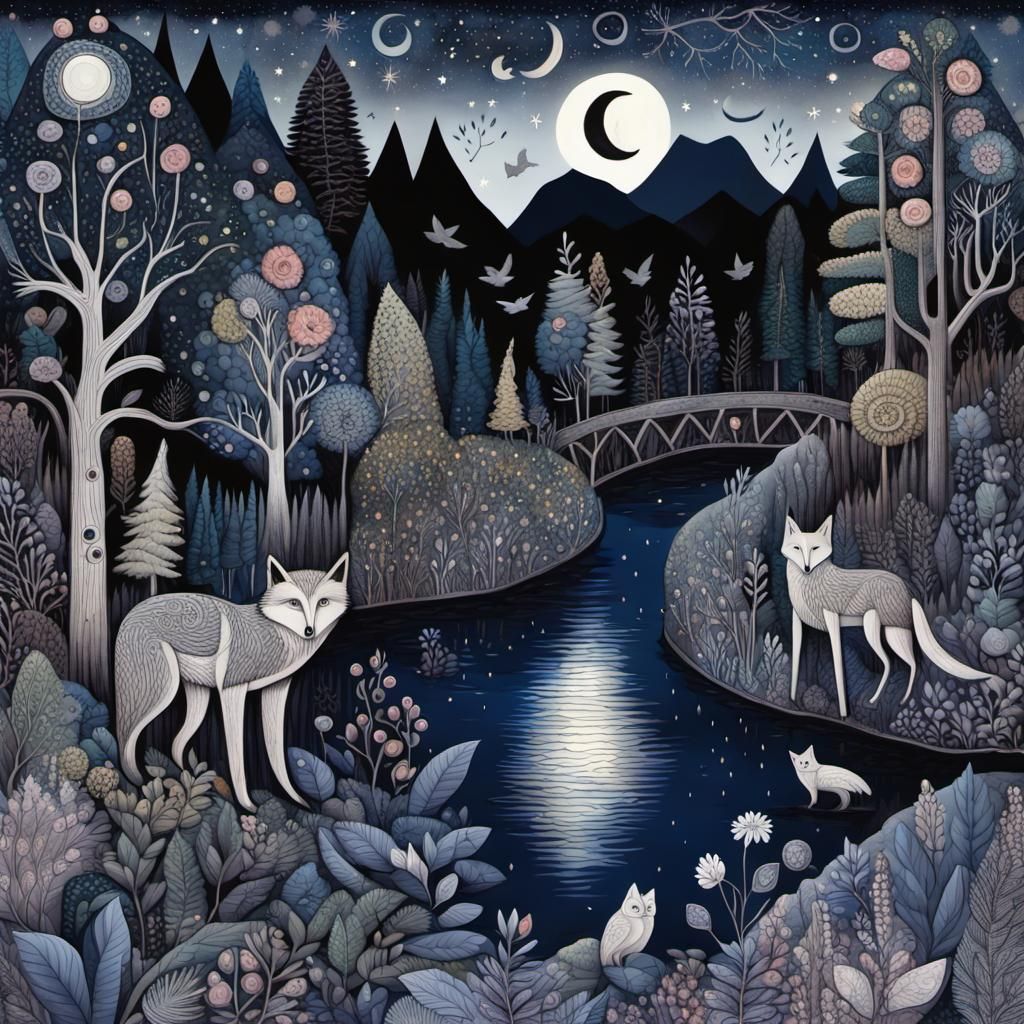 Indigo Midnight Forest in Art Brut Style