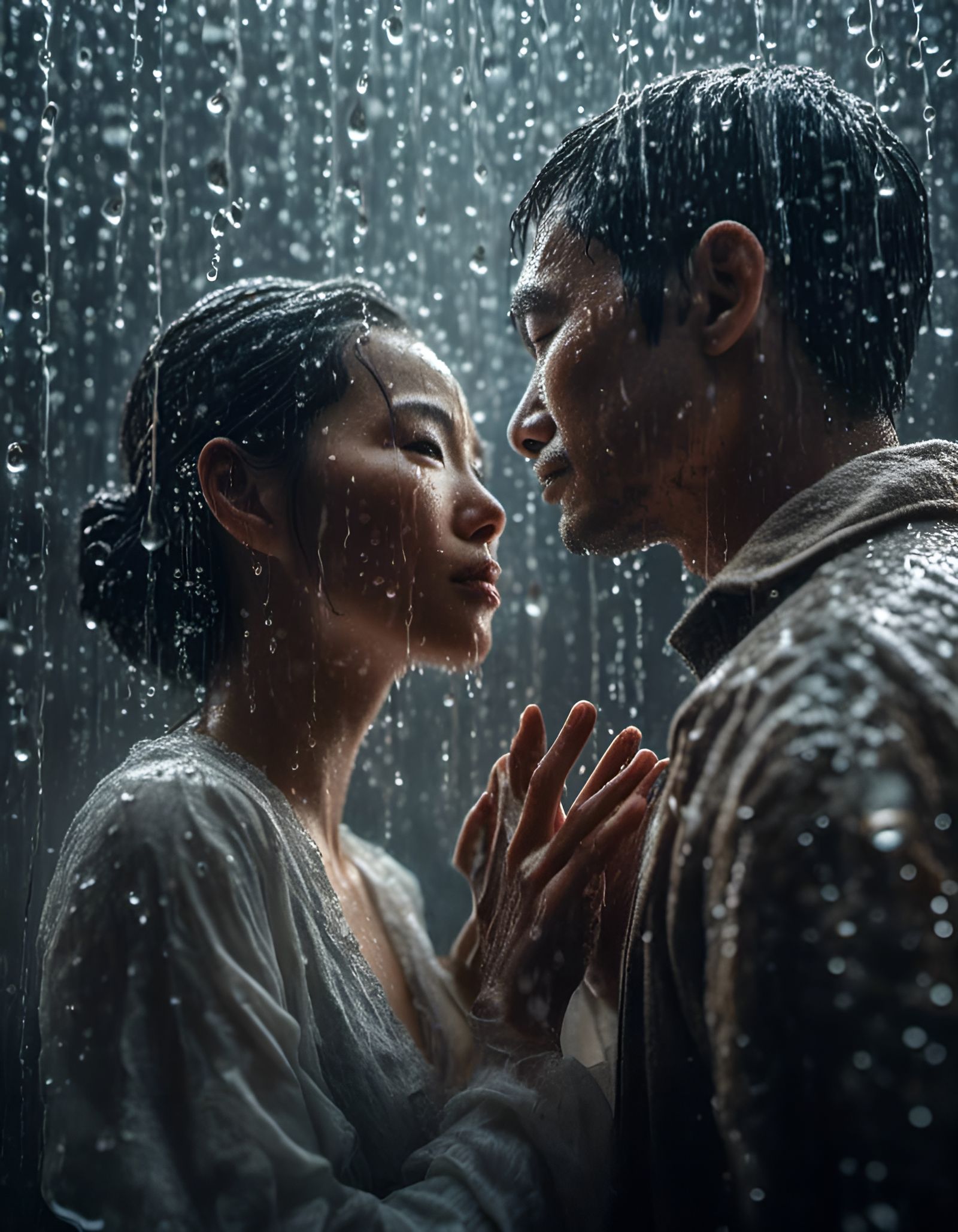 Tender Moment of a Chinese Couple in the Rain