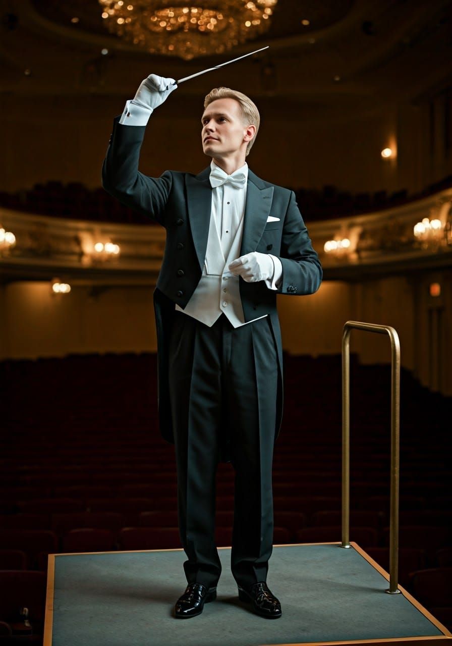 Majestic Conductor in Tuxedo, Cinematic Film Still