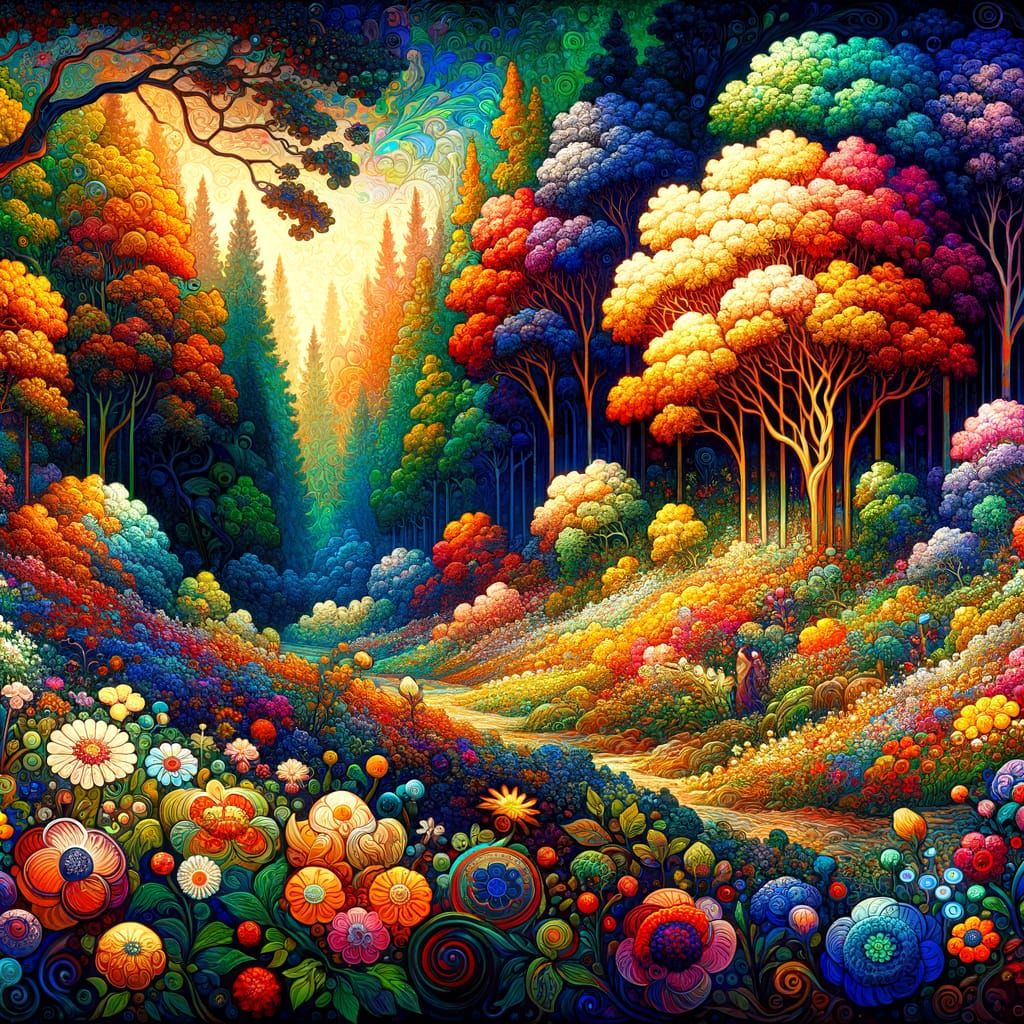 Vibrant Landscape Painting in Art Nouveau Style