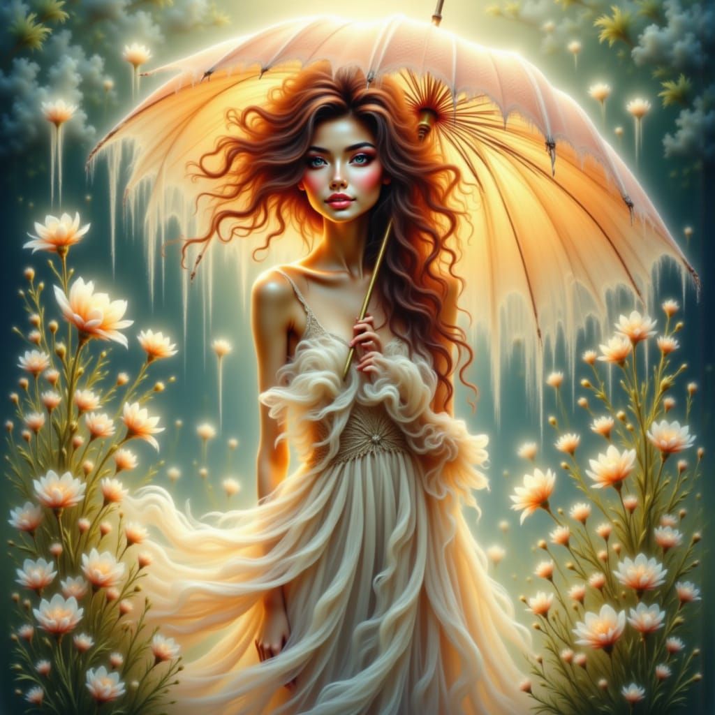 Ethereal Woman in Orange Light Amidst Glowing Flowers