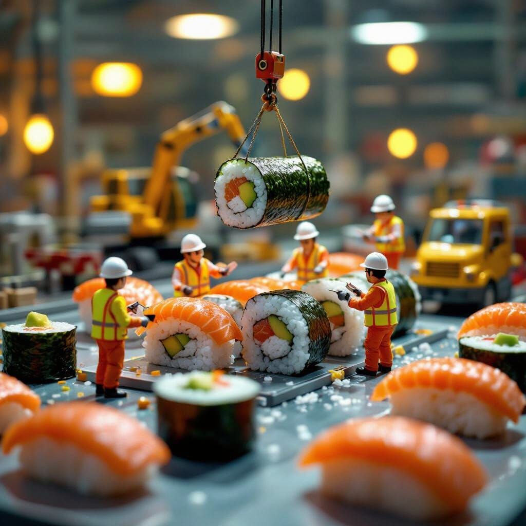 Mini Sushi Factory: Construction Workers Assemble Rolls