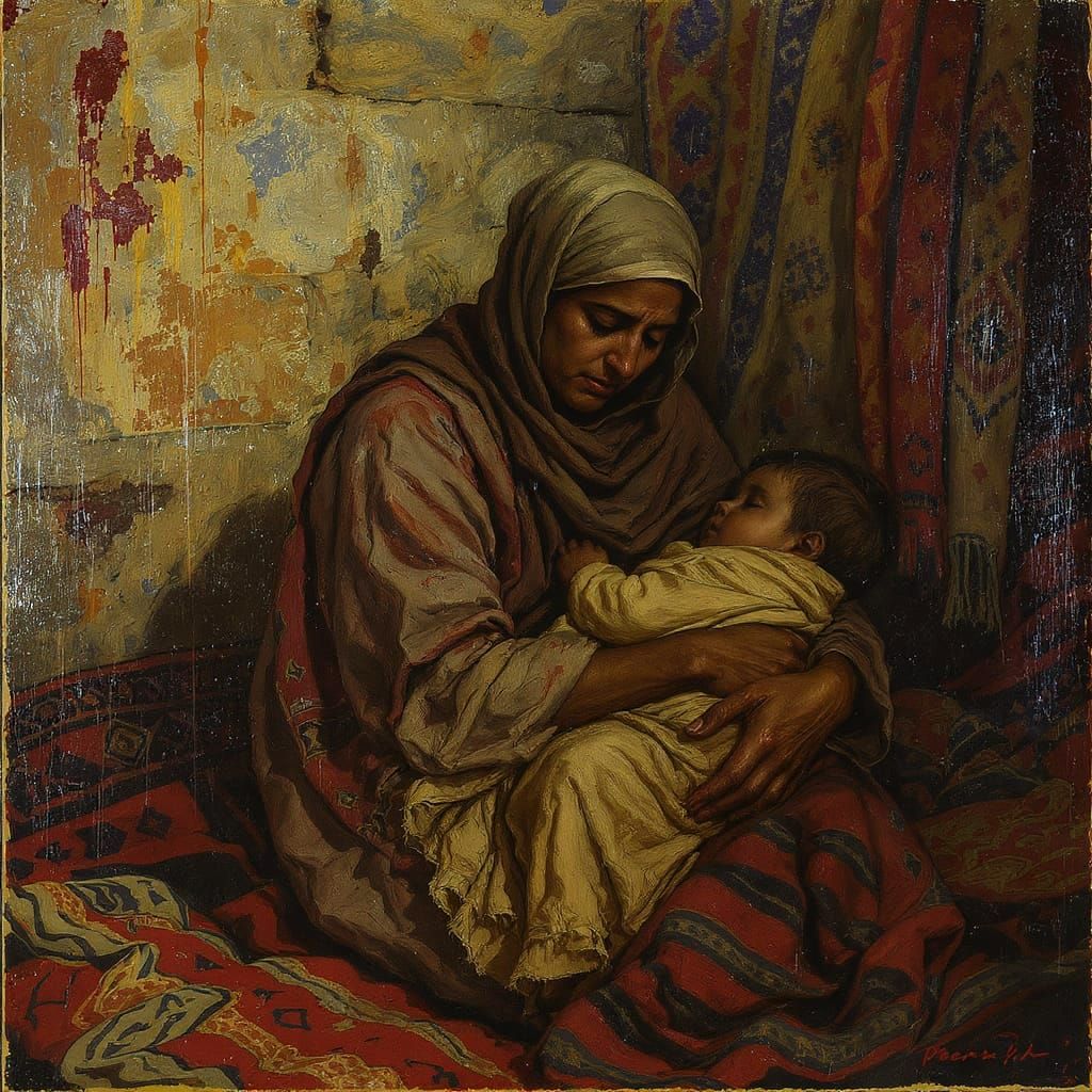 Distressed Mother and Child as Impasto Painting