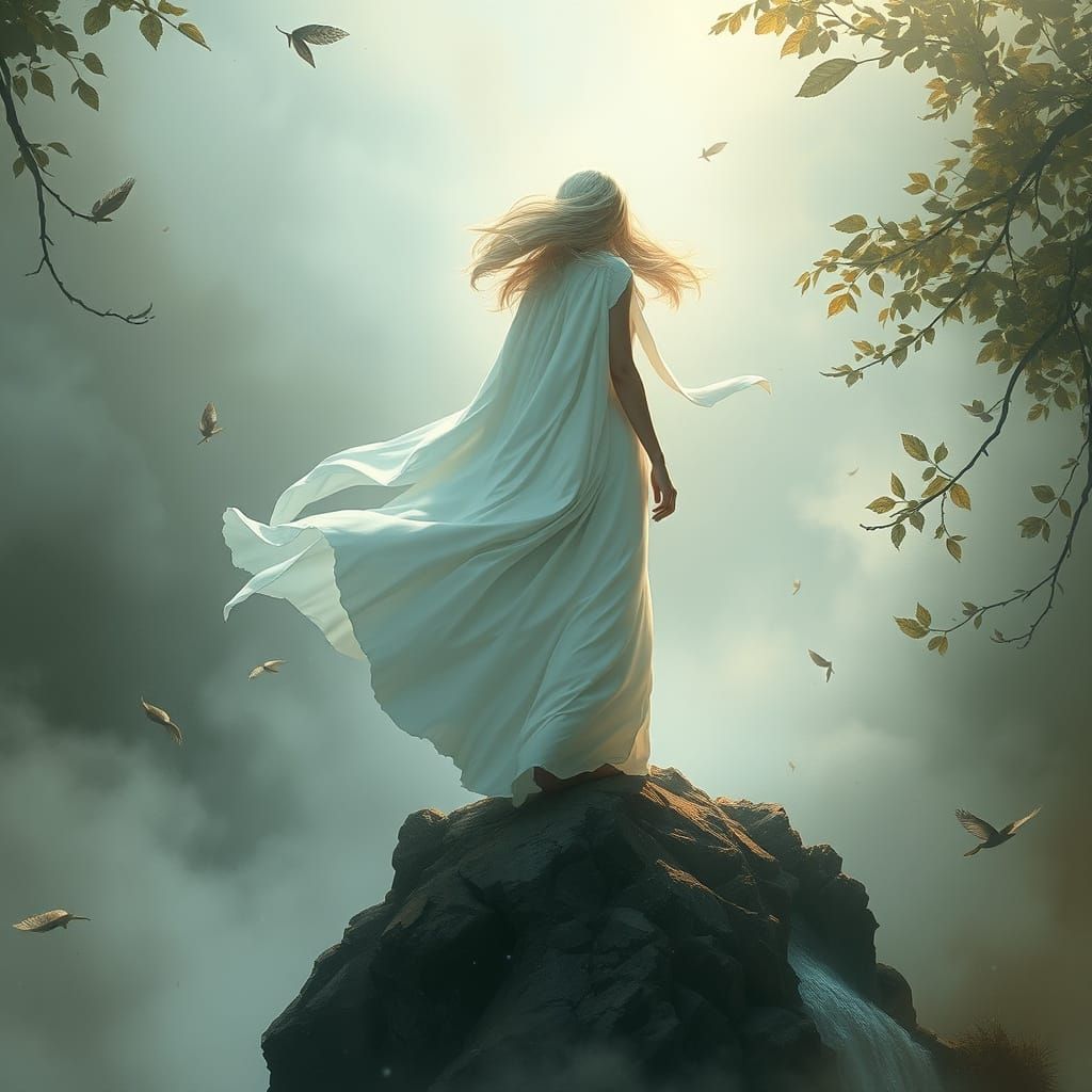 Ethereal Figure Amidst Swirling Mist and Leaves