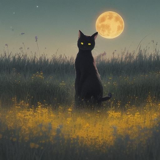 Anime Cat Under Moonlight, Atmospheric Dark Art