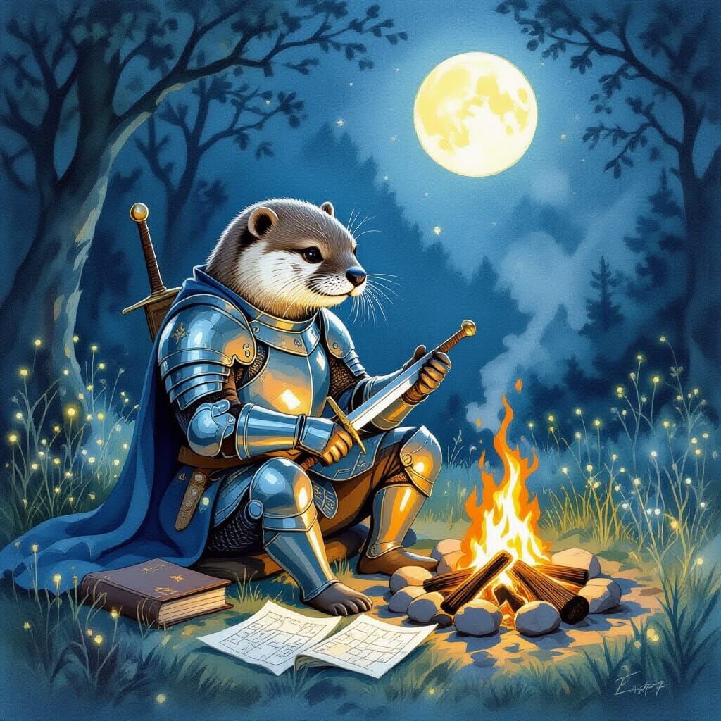 Otter Knight Cleans Sword by Campfire