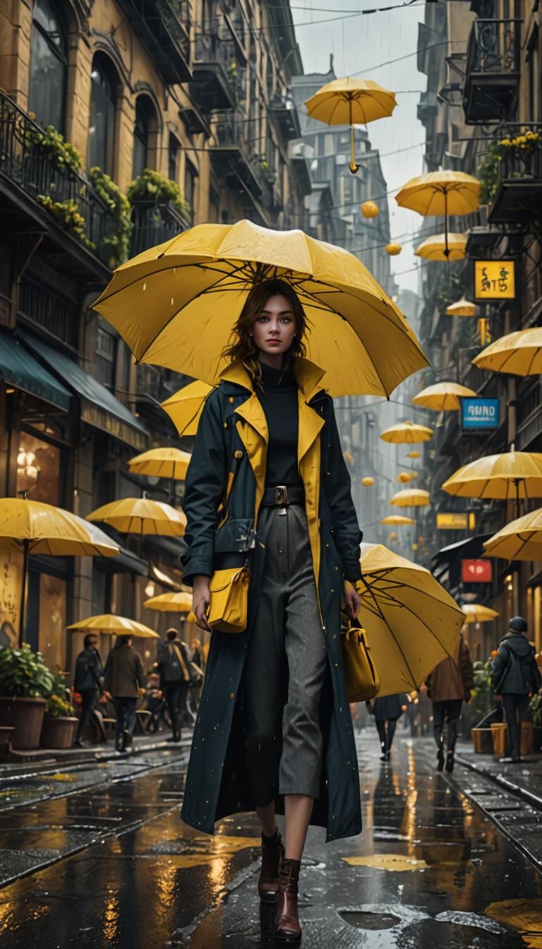 Woman with Yellow Umbrella in Cityscape