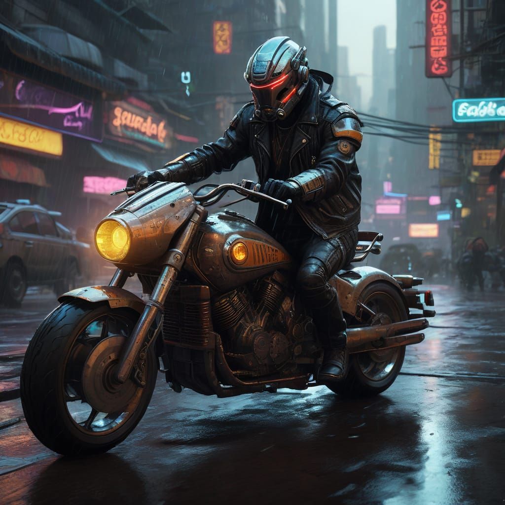 Cybernetic Hunter on Retro Motorcycle in Neon City