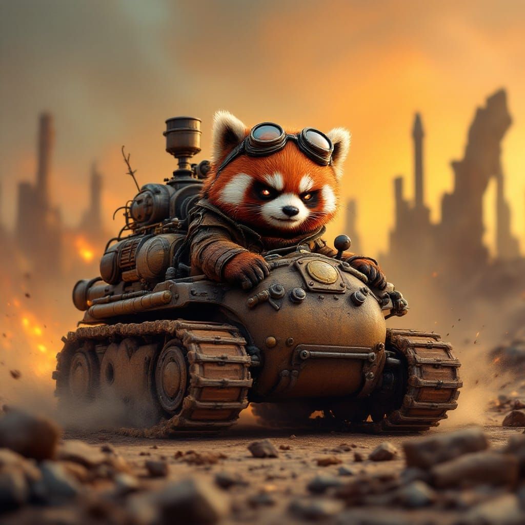 Chibi Red Panda in Post-Apocalyptic Steampunk Tank