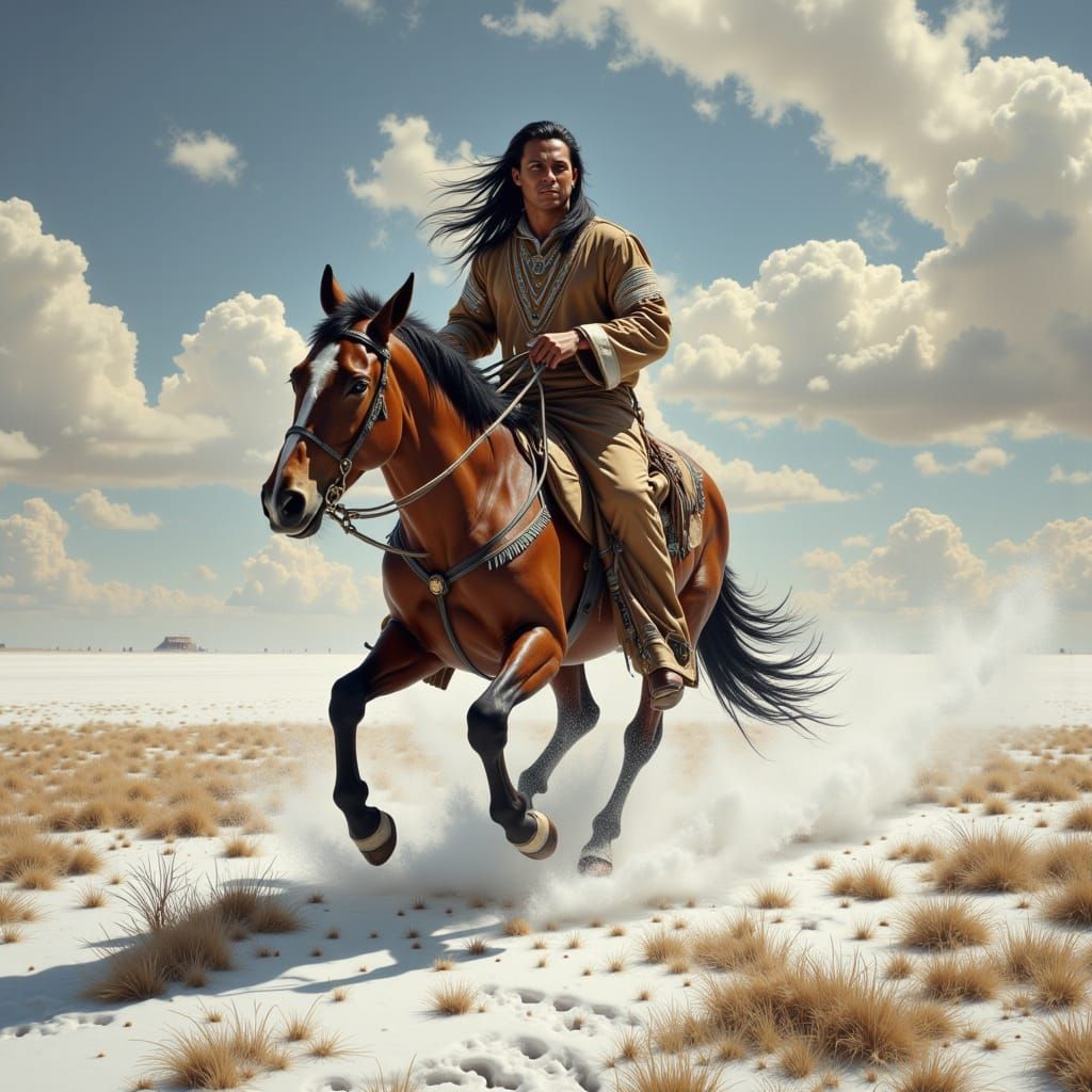 Native American Rider in Snowy Prairie Landscape