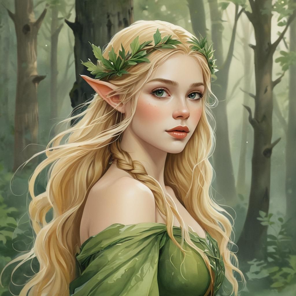 Ethereal Elf Lady of the Woods in Watercolor