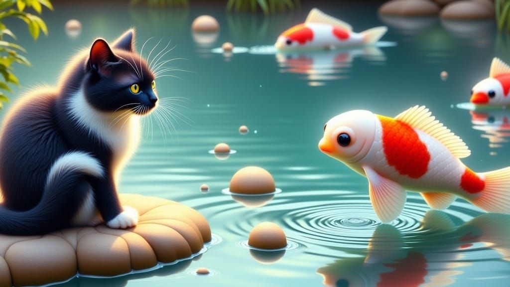 Dreamy Marshmallowpunk Pond Scene with Tuxedo Cat