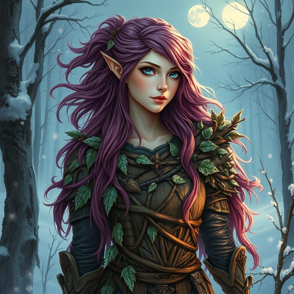 Winter Elven Druid in Wood Armor with Purple-Red Hair