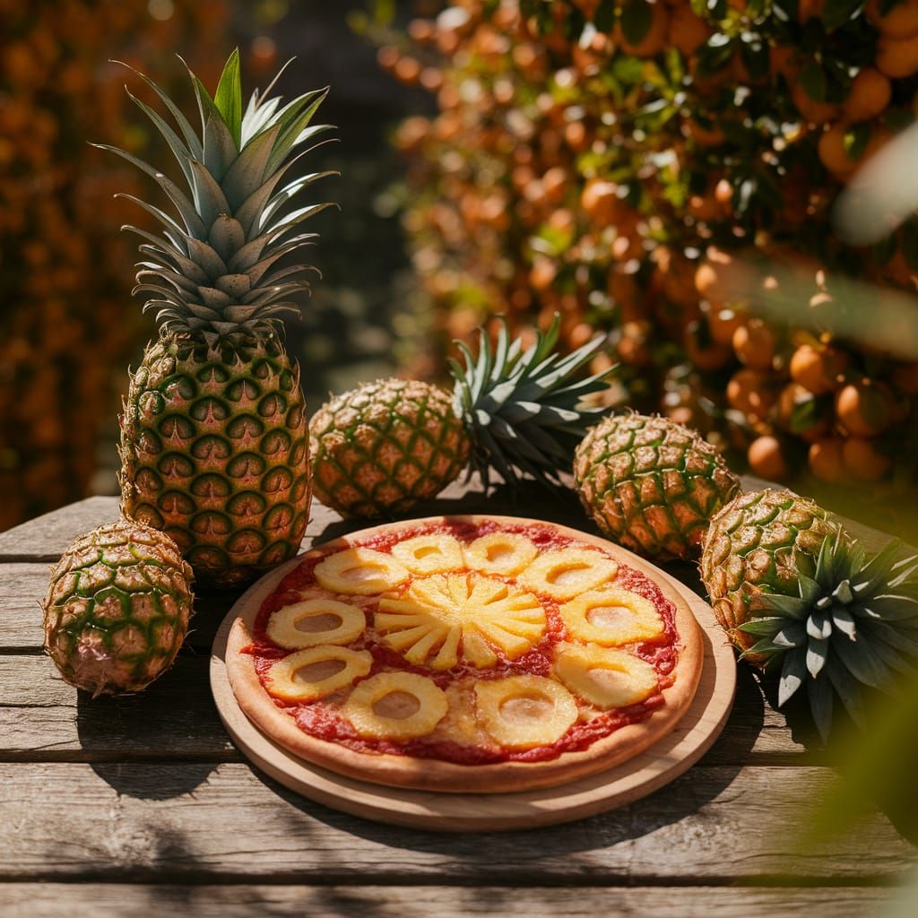 Delicious Pineapple Pizza Surrounded by Golden Fruit