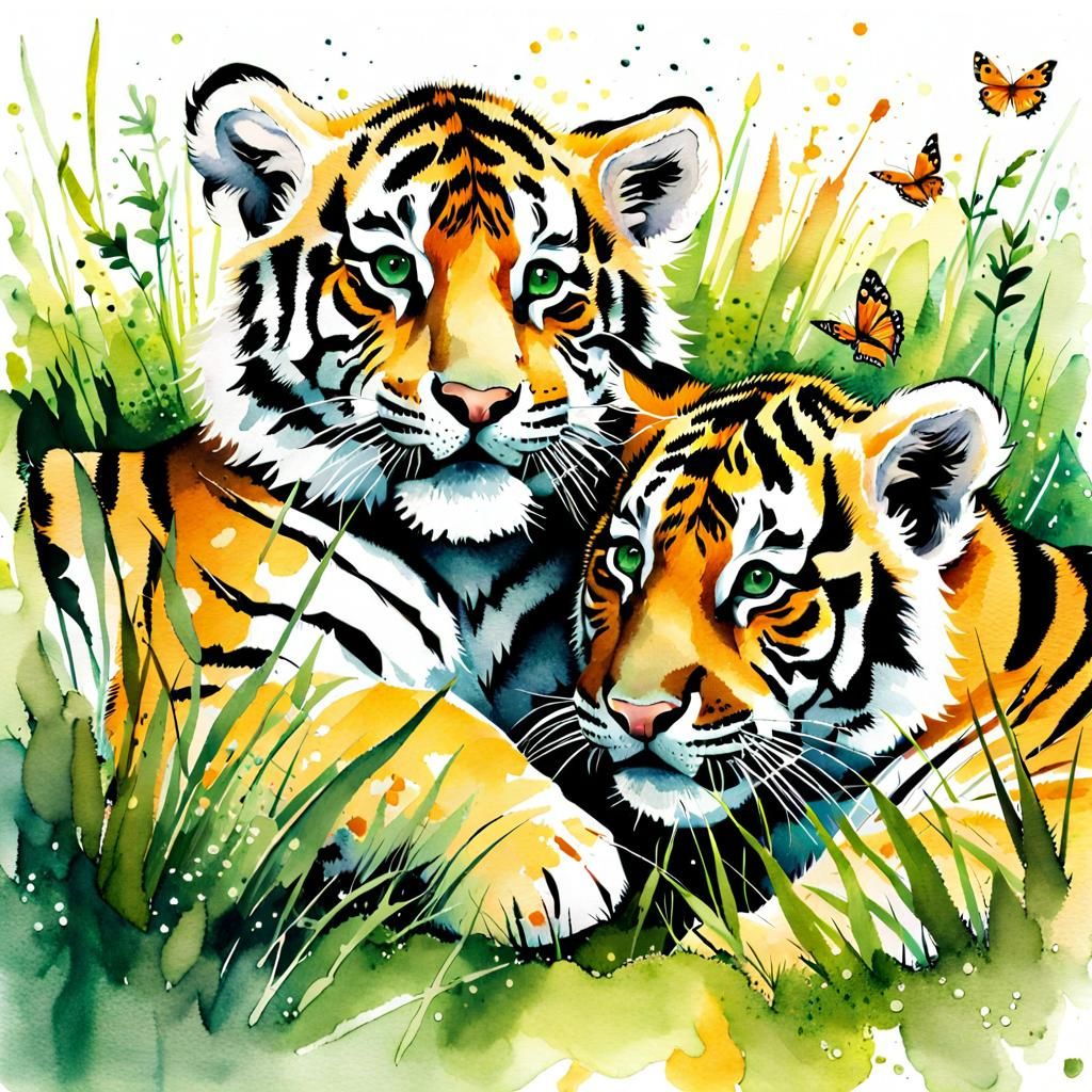 Playful Tiger Cubs in Watercolor Meadow
