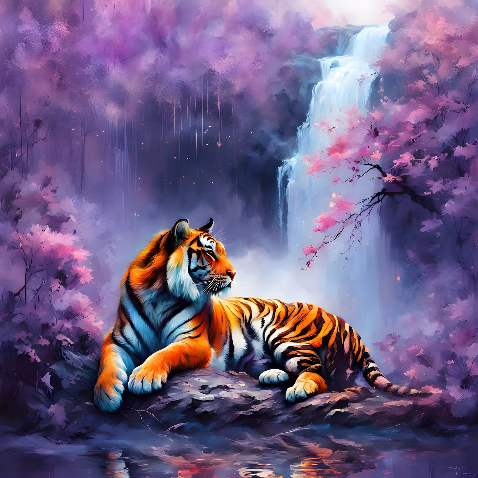 Majestic Tiger in Whimsical Purple Forest