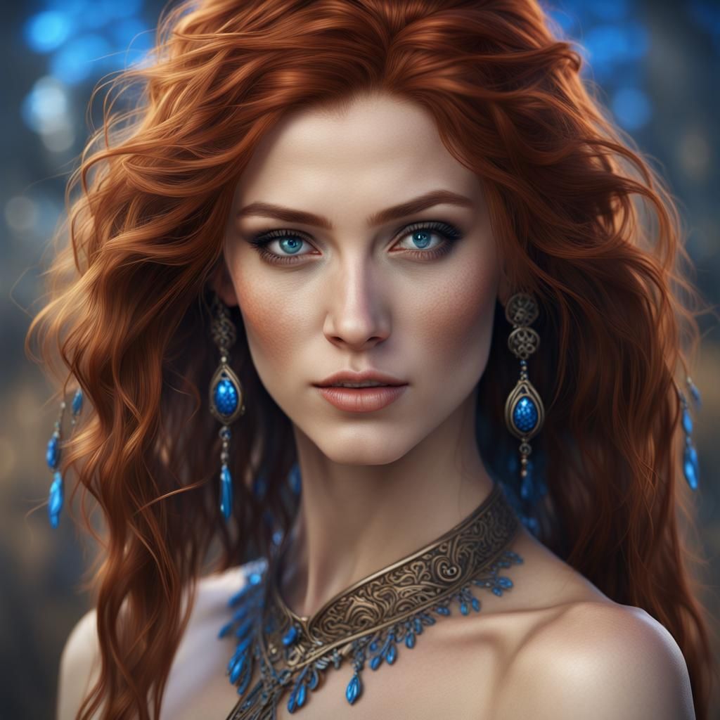 Beautiful Woman with Auburn Hair and Blue Eyes