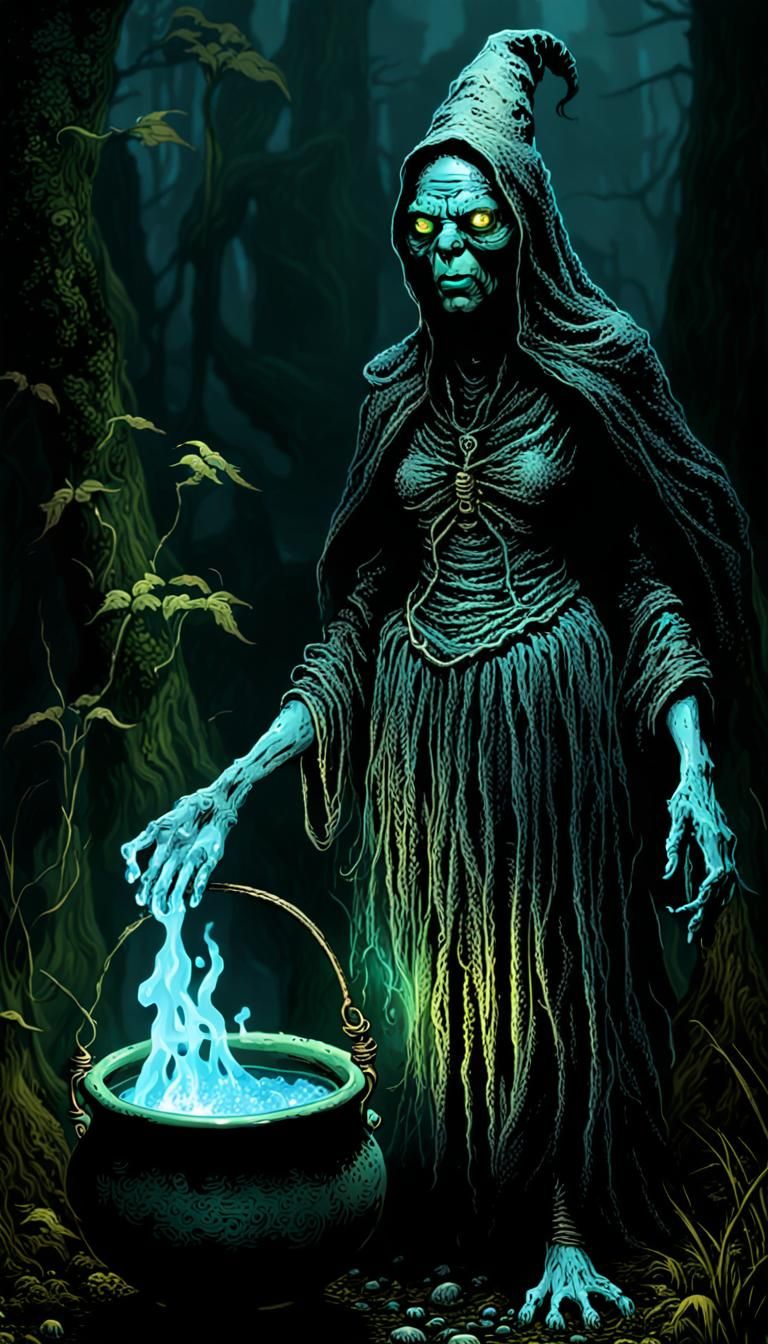 Grotesque hag witch with cauldron Bioluminescent in dark swa...