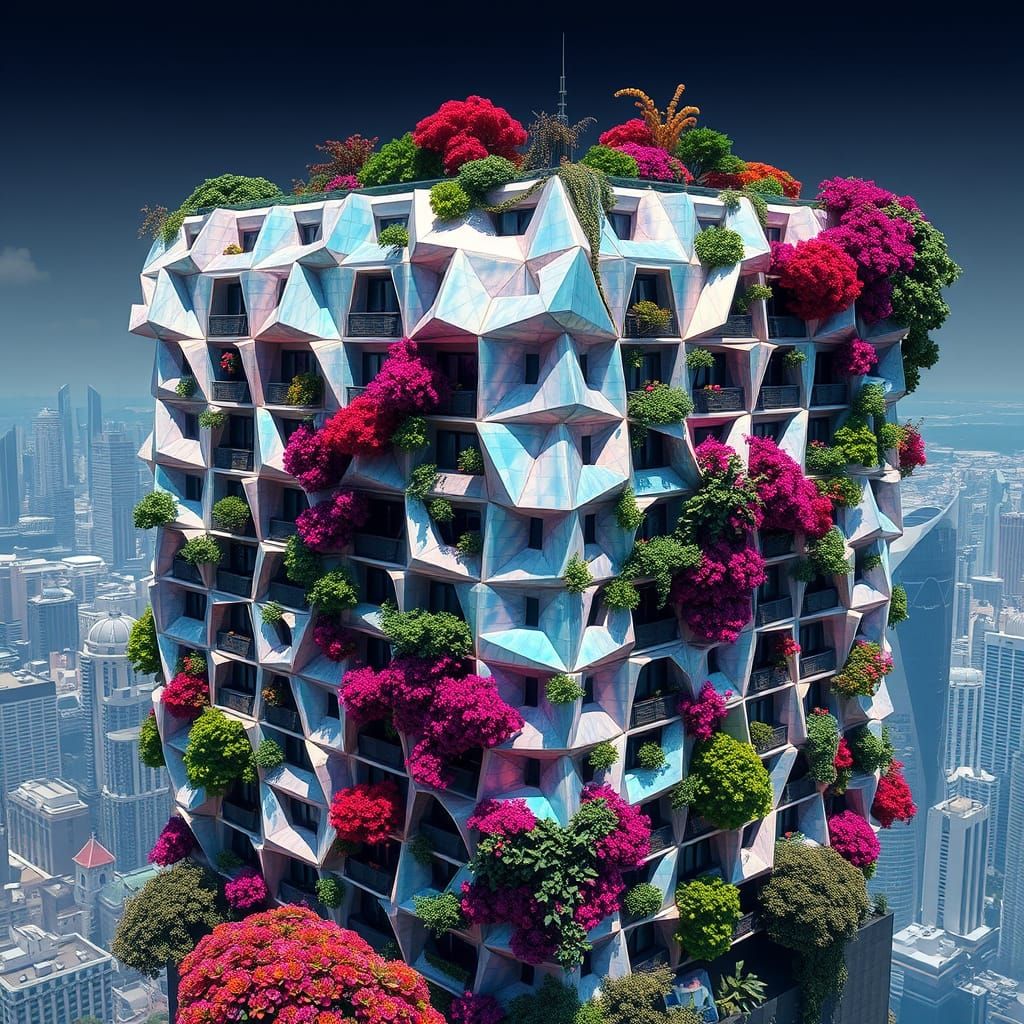 Futuristic Cityscape with Iridescent Origami Cubes and Lush ...