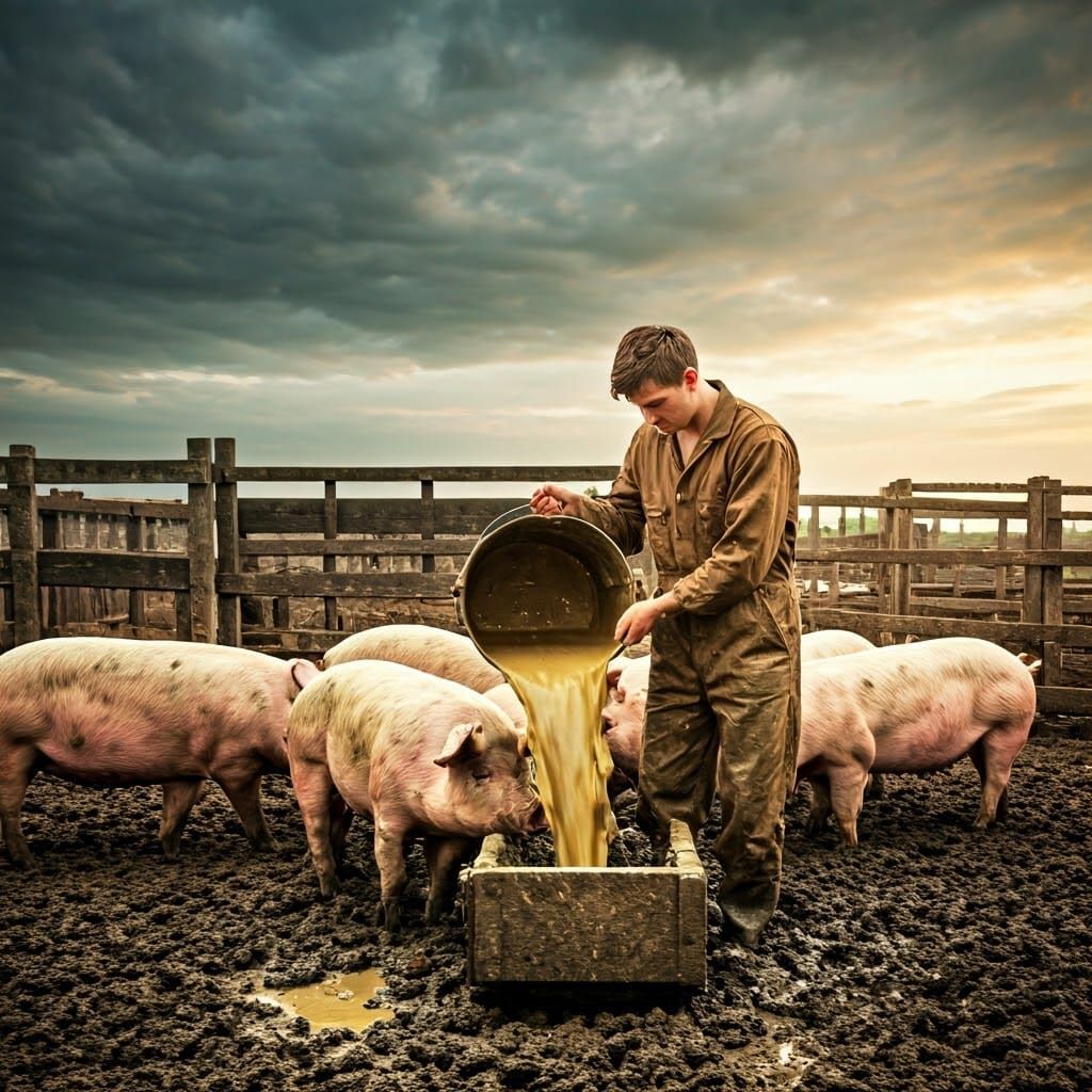Muddy Farmhand Tending to Pigs in a Stormy Pigpen