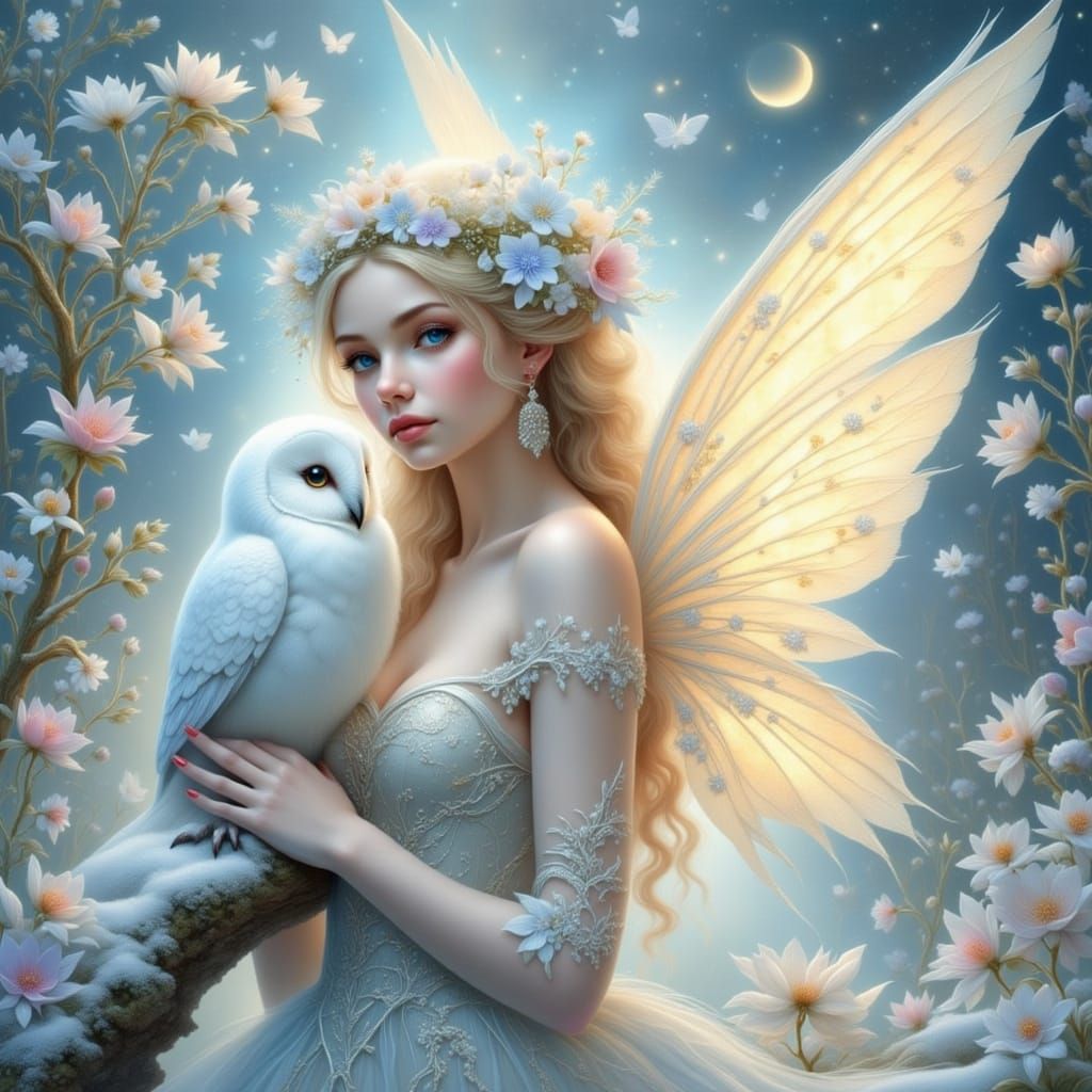 Fairy with Snow Owl in Ethereal Dreamscape