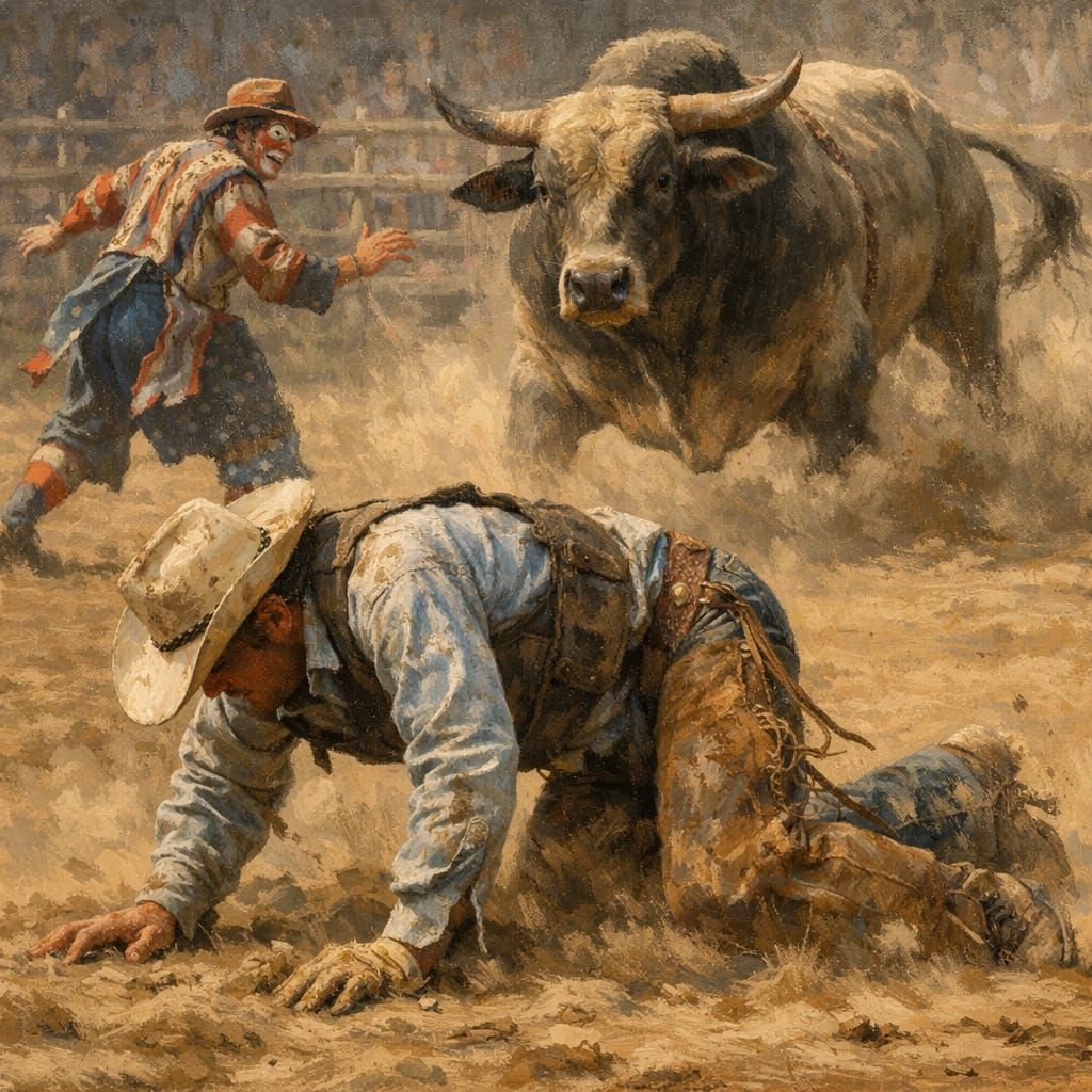 Rodeo Cowboy Rises as Clown Distracts Bull