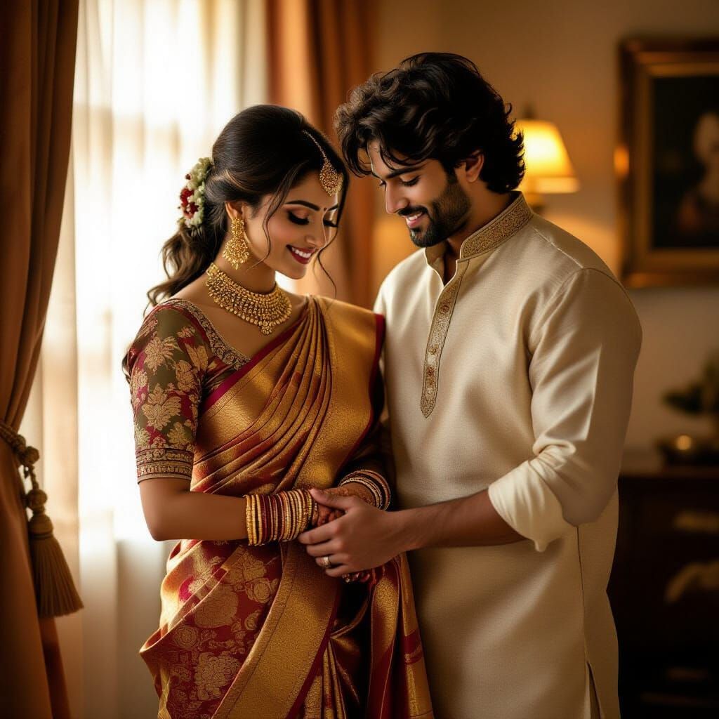 Romantic Couple in Golden Light: Saree Portrait