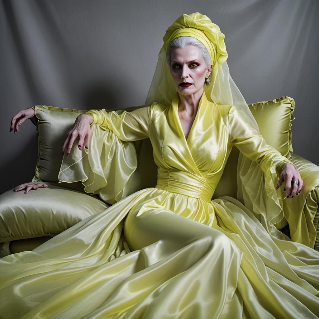 Bright Fluorescent Yellow Neon. Mature White Statuesque Woma...