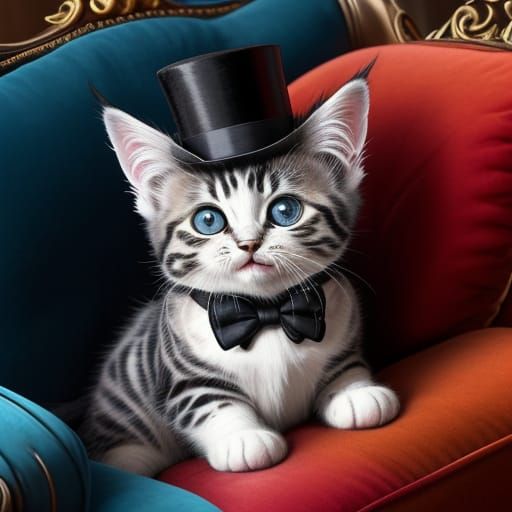 Surreal Kitten in Top Hat With Monocle