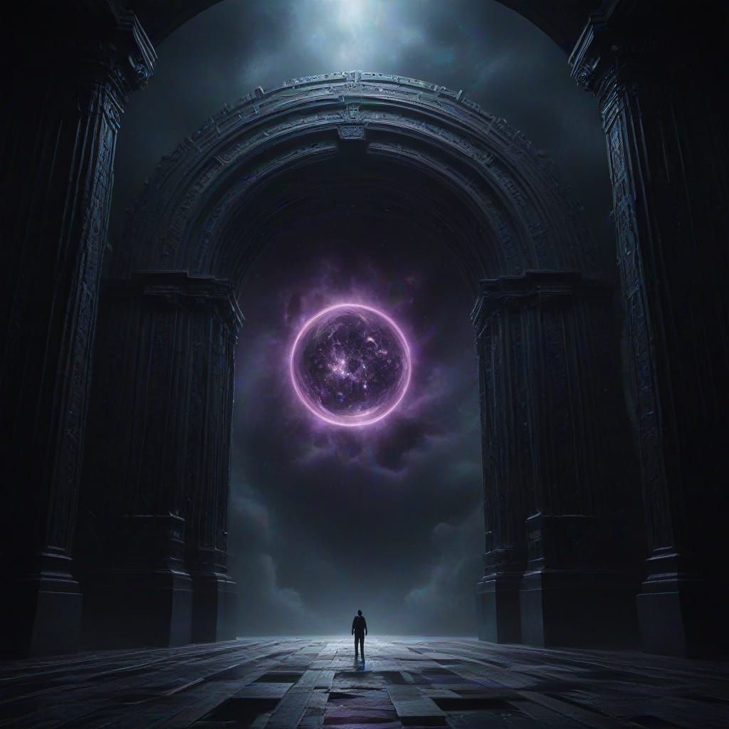 Giant Elevator Descends to Cosmic Portal Under Black Sun