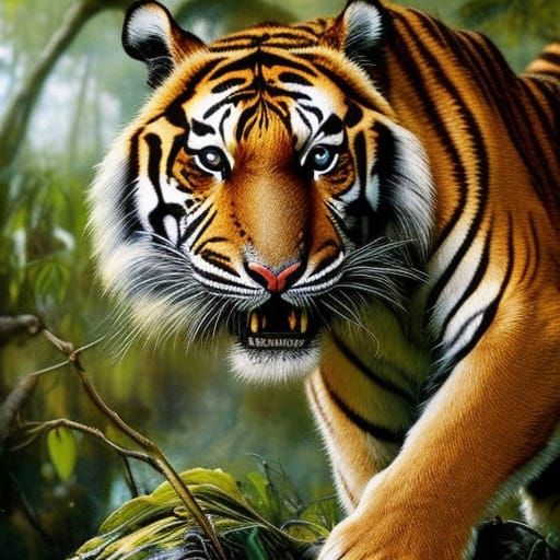 Viscious Tiger Roaring Through Jungle: Dark Fantasy Art