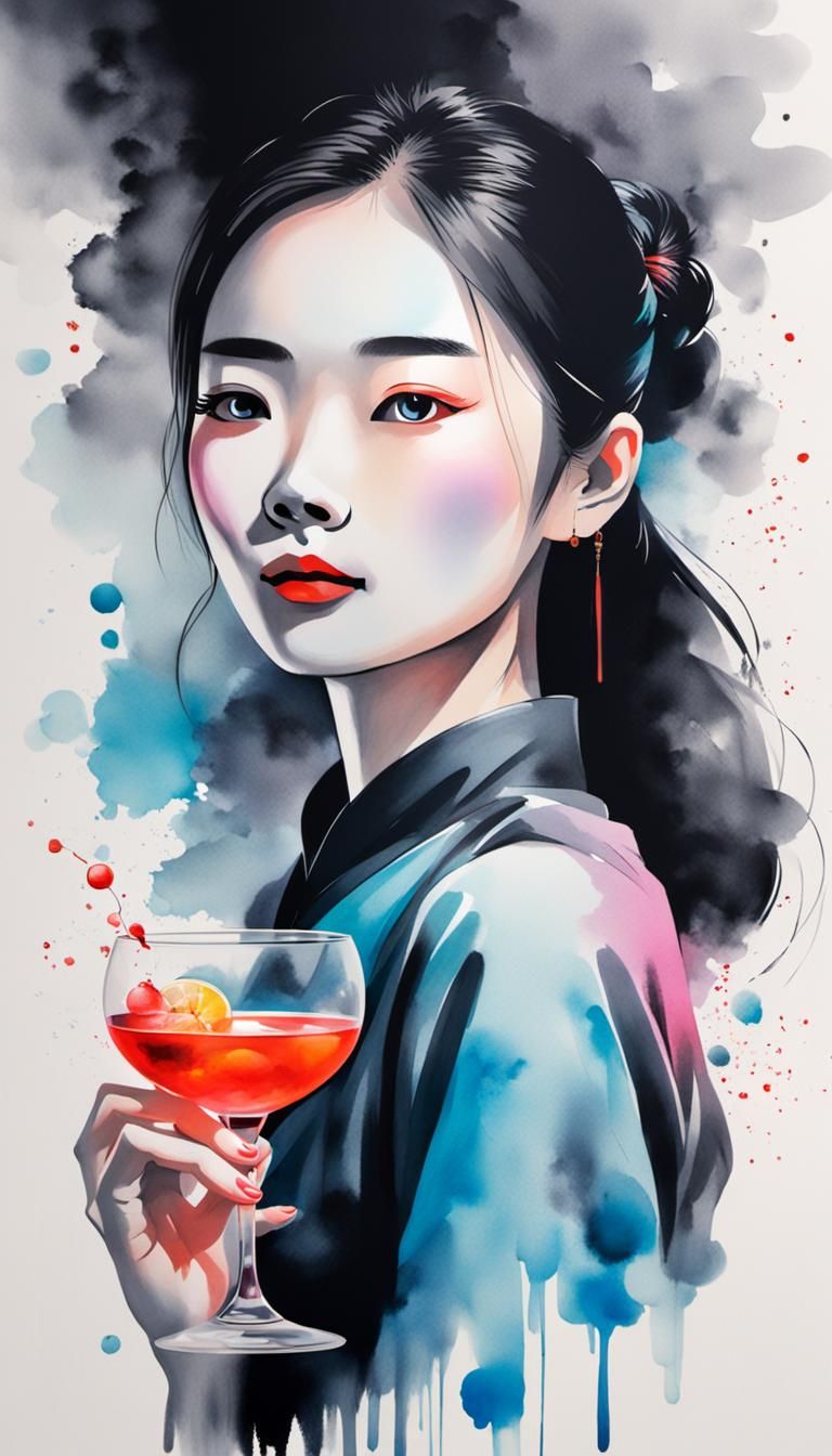 Minimalist Ink Painting of a Bartender in Neon