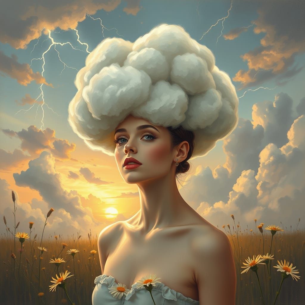 Androgynous Woman with Cloud Cap in Sunset Meadow