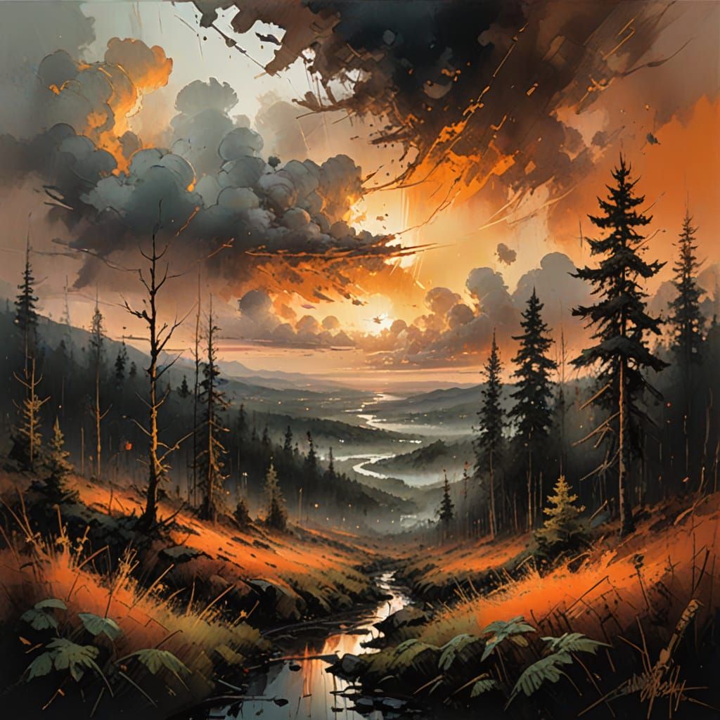 Forest in Clouds Sunset: Atmospheric Landscape Painting
