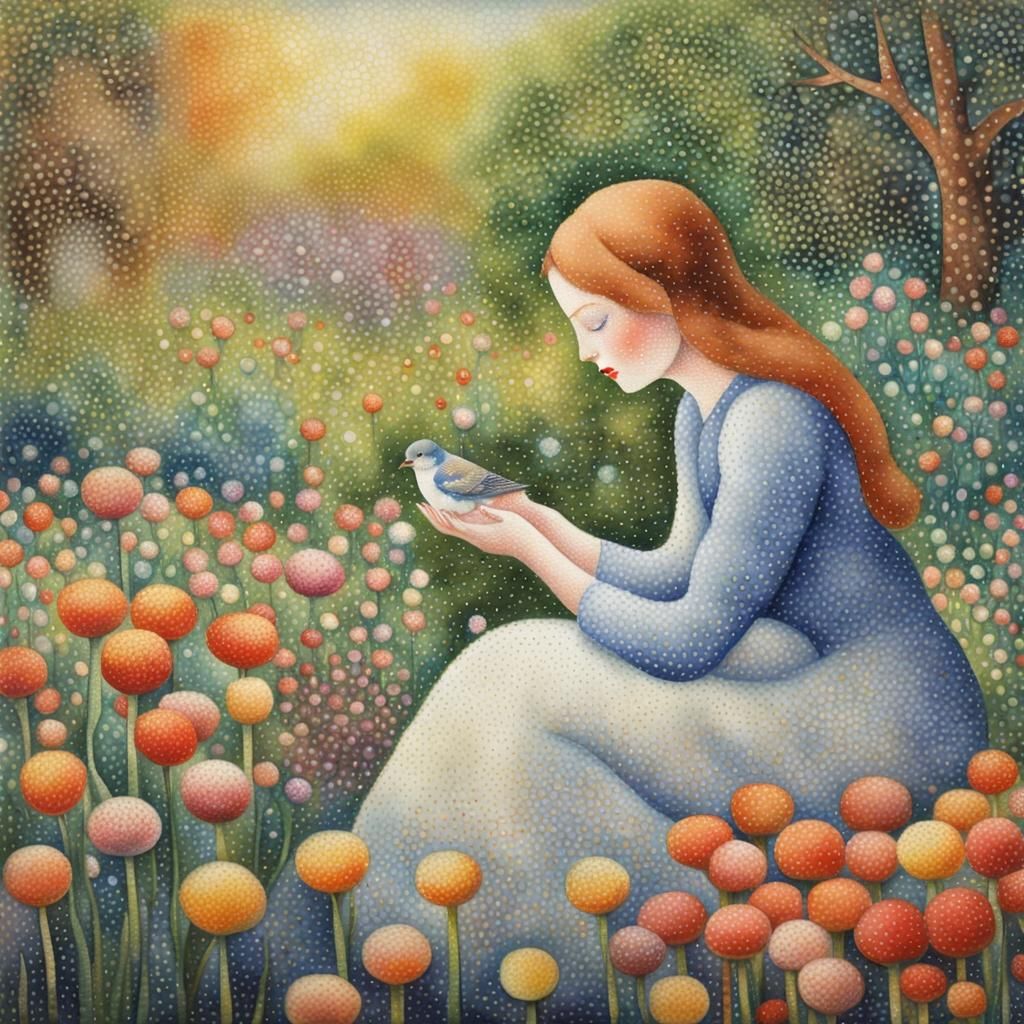 Pointillist Woman in Garden, Seurat Style
