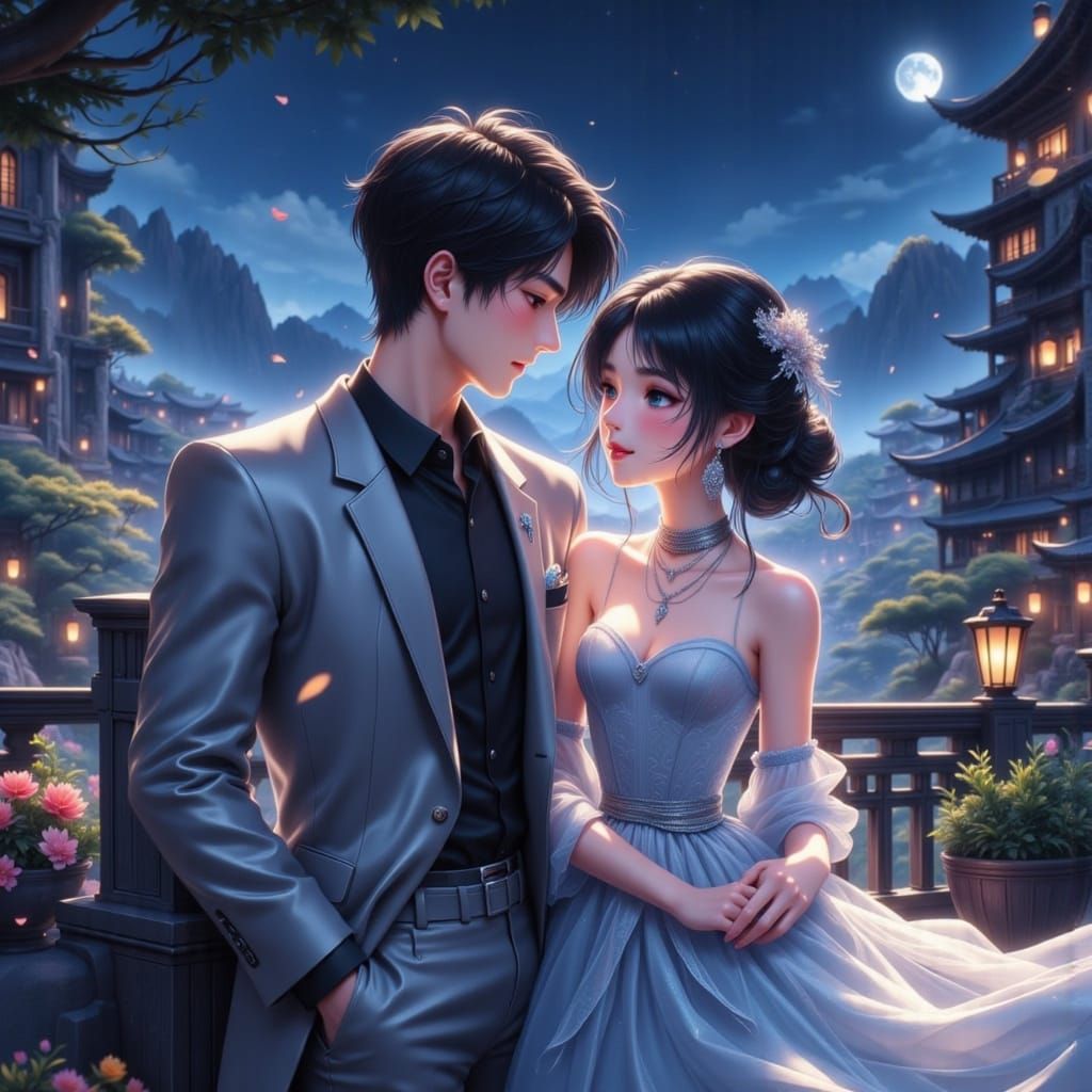 Romantic Anime Couple Portrait in Donghua Style