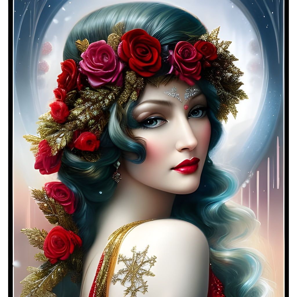 Winter Goddess with Red Flowers in Art Nouveau Style