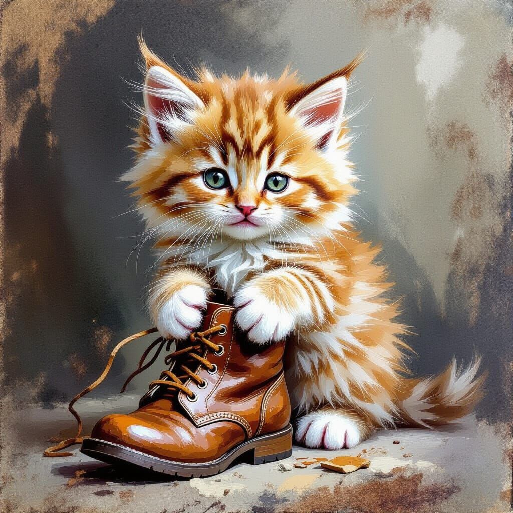 Abstract Mixed Media Kitten Holding Boot Artwork