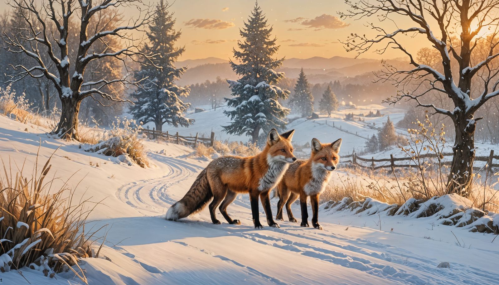 Fox and Cub in Winter Landscape at Dusk