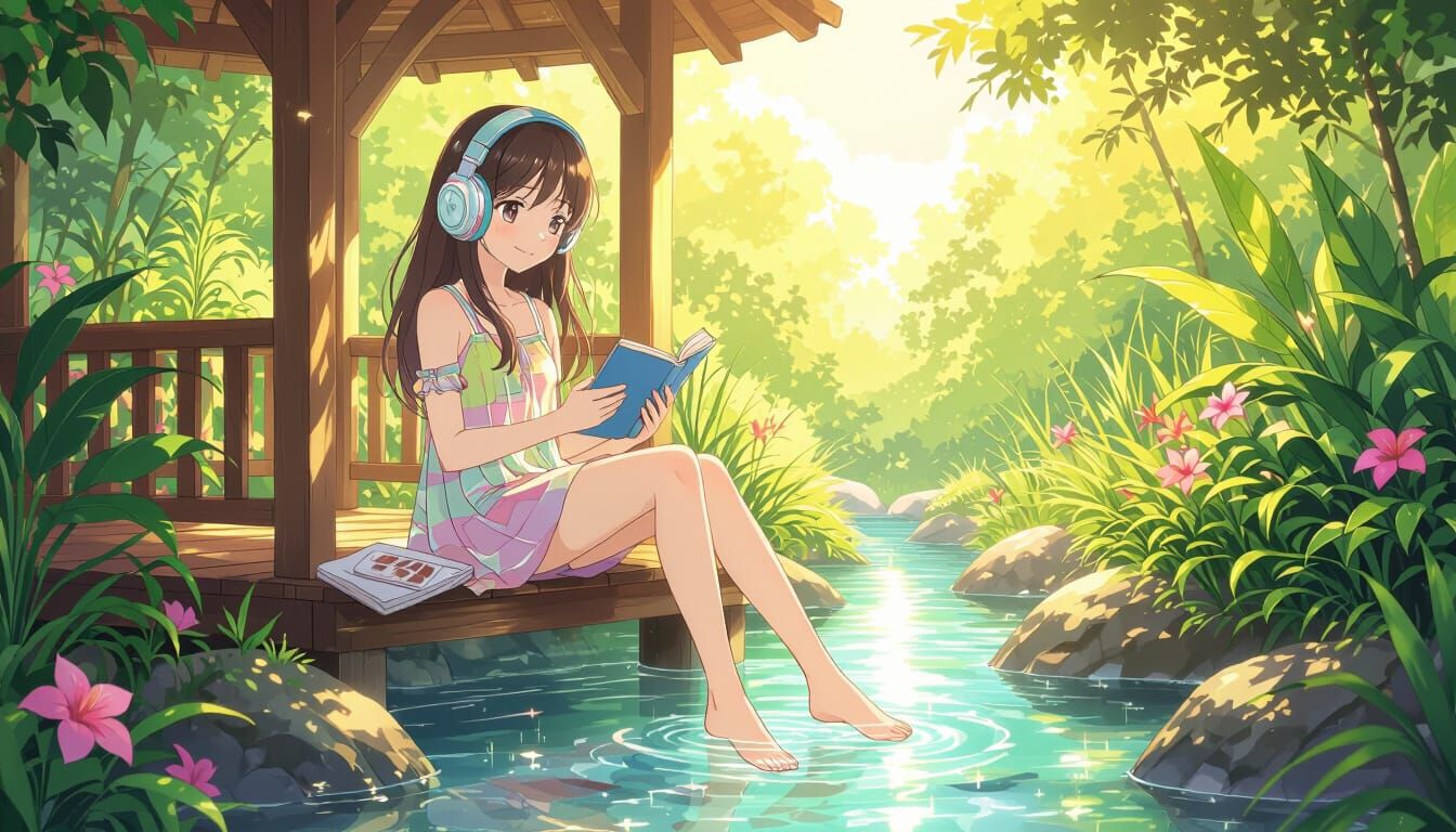 Anime Girl Reading by Sparkling Stream in Summer